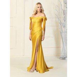 Mustard Gala Long Cowl Neck Off The Shoulder Trumpet Dress By May Queen MQ1858